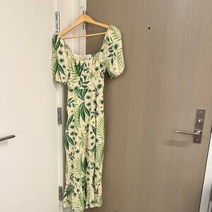 & Other Stories linen dress cream with green leafy print with puffy sleeves